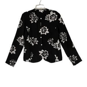 LIZ CLAIBORNE COLLECTION Womens Size 14 Black White Floral Button Front Top